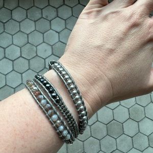Silver Chan Luu leather, pearl, and semiprecious stone wrap bracelet.